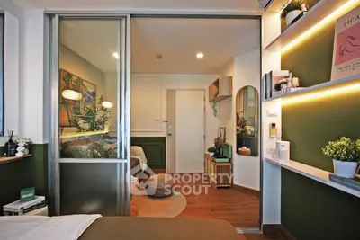 Stylish modern bedroom with sliding glass doors and elegant decor