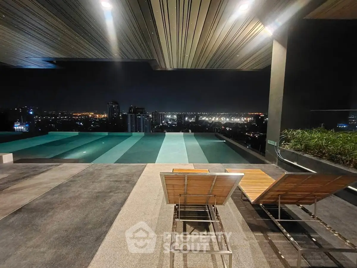 Luxurious rooftop pool with stunning city skyline view at night
