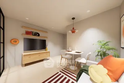 Modern living room with stylish decor, featuring a cozy dining area and contemporary furniture.