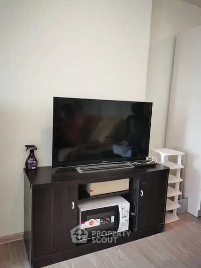 Cozy living room with TV and microwave on a stylish dark wood cabinet.