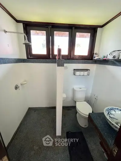 Compact bathroom with unique design featuring a partial wall divider and decorative basin.