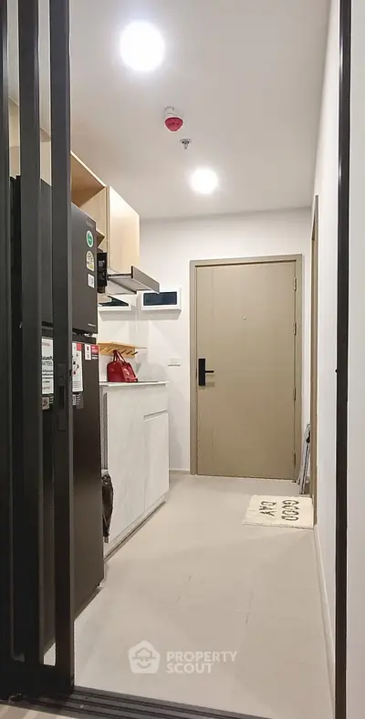Modern apartment entrance with sleek kitchen and stylish decor