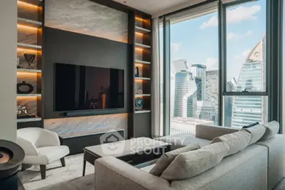 Luxurious living room with modern decor and stunning city view