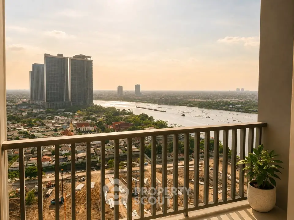 Stunning high-rise balcony view overlooking river and cityscape, perfect for urban living.