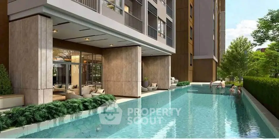 Luxurious apartment building with a stunning outdoor pool and lush greenery.