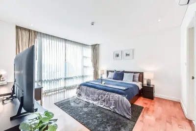 Spacious modern bedroom with large windows and elegant decor