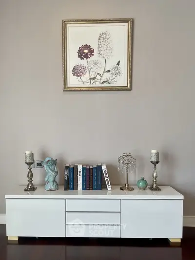 Elegant living room with modern white console and decorative accents