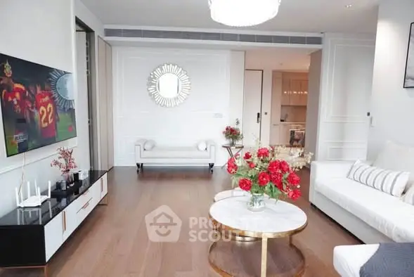 Luxurious modern living room with elegant decor and hardwood floors