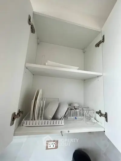 Modern kitchen cabinet with organized dish rack and glassware