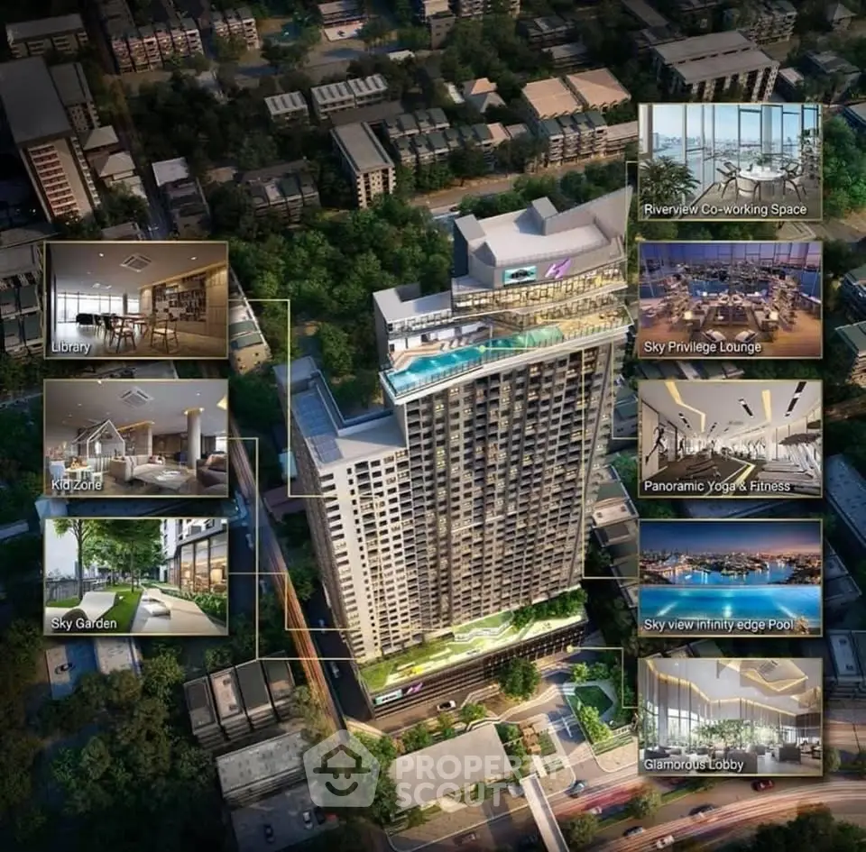 Luxurious high-rise building with rooftop pool, co-working space, and panoramic views in urban setting.