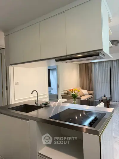 Modern kitchen with sleek design and open layout overlooking cozy living room.