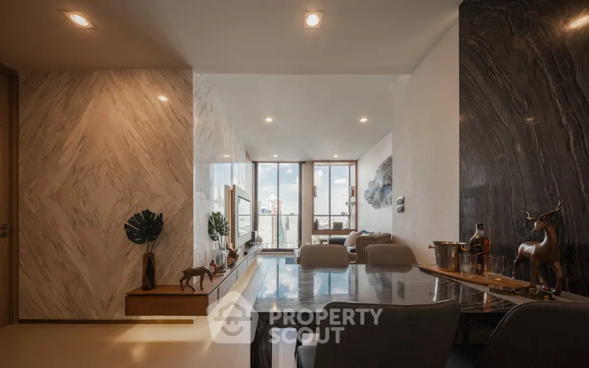 Luxurious modern living room with elegant decor and stunning city view
