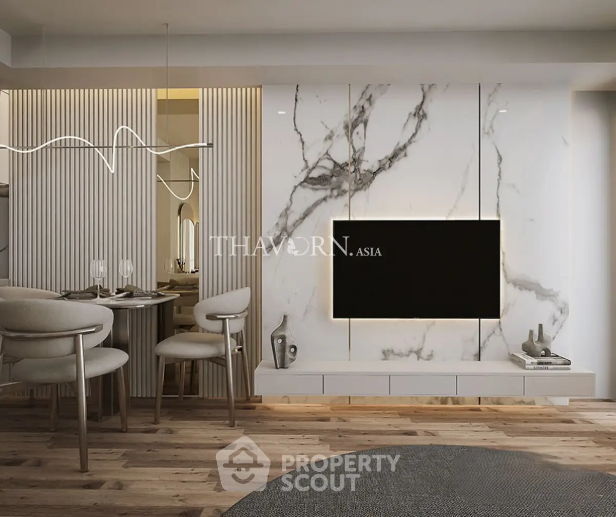 Luxurious modern living room with marble accent wall and elegant dining area