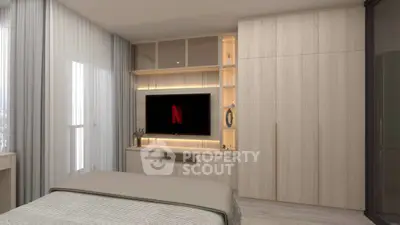 Modern bedroom with built-in TV unit and elegant lighting, perfect for relaxation.