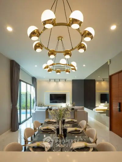 Luxurious living room with elegant chandelier and modern dining setup