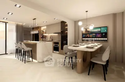 Luxurious modern kitchen with open layout and elegant dining area, featuring sleek appliances and stylish lighting.