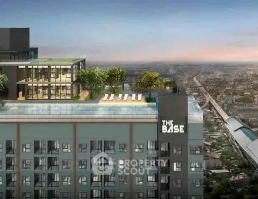 Modern high-rise building with rooftop pool and city view