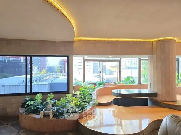 Luxurious building interior with modern design and panoramic city views