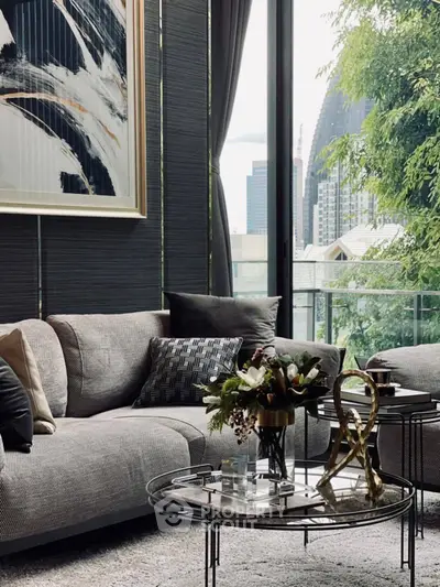 Luxurious living room with modern decor and stunning city view, featuring elegant furniture and artistic touches.