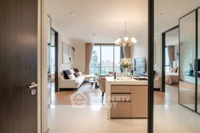 Luxurious modern living room with city view and elegant decor