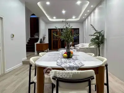 Elegant dining area with modern decor and ambient lighting in a stylish home interior.