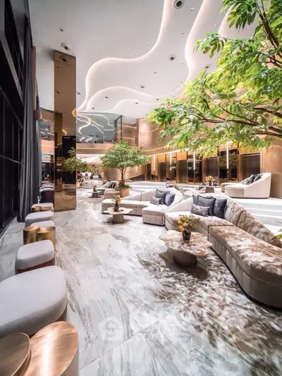 Luxurious modern living room with elegant design and lush indoor greenery