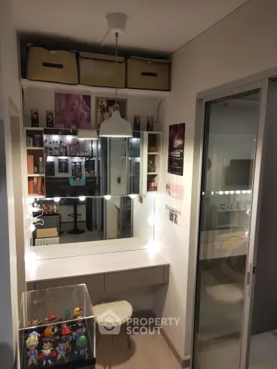 Chic modern bedroom with stylish vanity and ample storage space