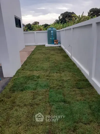 Spacious backyard with fresh green lawn and privacy wall, perfect for outdoor activities.