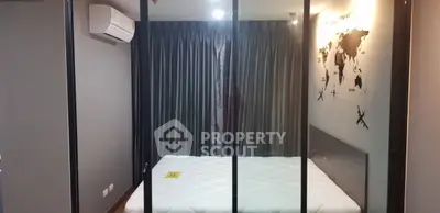 Modern bedroom with glass walls and world map decor