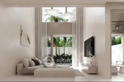 Luxurious modern living room with high ceilings and garden view, featuring elegant decor and natural light.