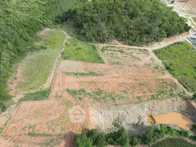 Aerial view of a large undeveloped land plot surrounded by lush greenery, ideal for real estate development.