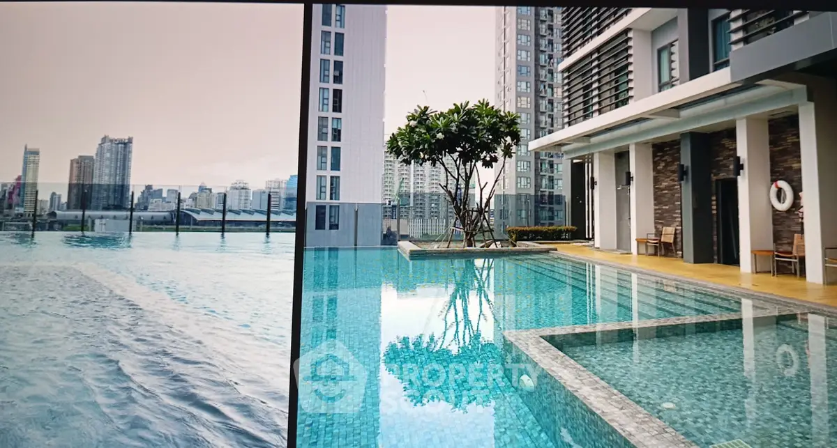 Luxurious high-rise apartment with stunning rooftop pool and city skyline view.