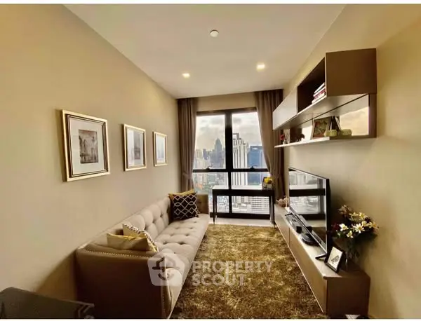 Stylish living room with city view, modern decor, and cozy ambiance.