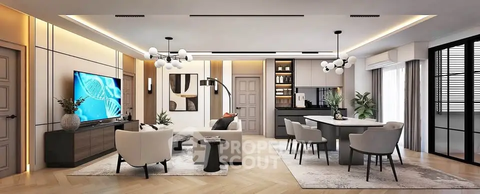 Luxurious open-plan living room with modern decor and stylish lighting in a contemporary apartment.