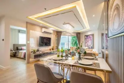 Luxurious open-plan living room with elegant dining area and modern decor
