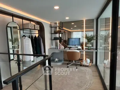 Modern study with sleek design, glass walls, and stylish decor for a productive work environment.