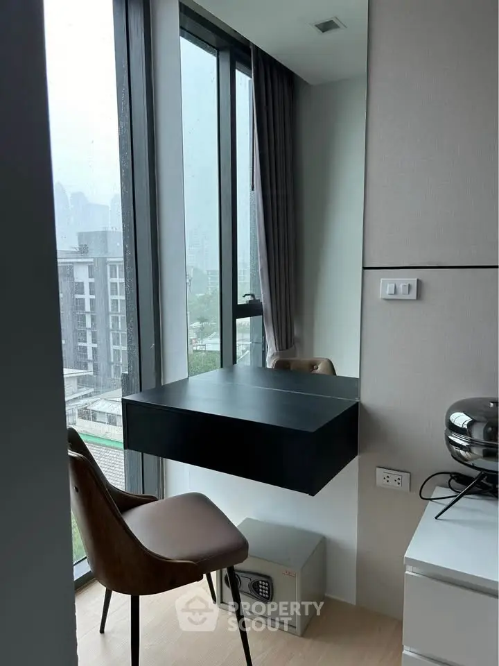 Modern study nook with city view and sleek furniture