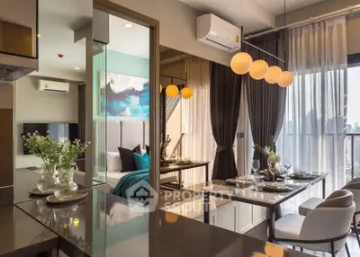 Modern open-plan living and dining area with city view and elegant decor.
