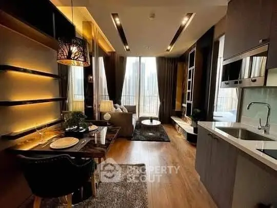 Luxurious modern living room with open kitchen and elegant lighting