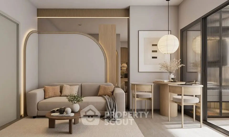 Modern living room with stylish decor and natural light, featuring a cozy sofa and elegant dining area.