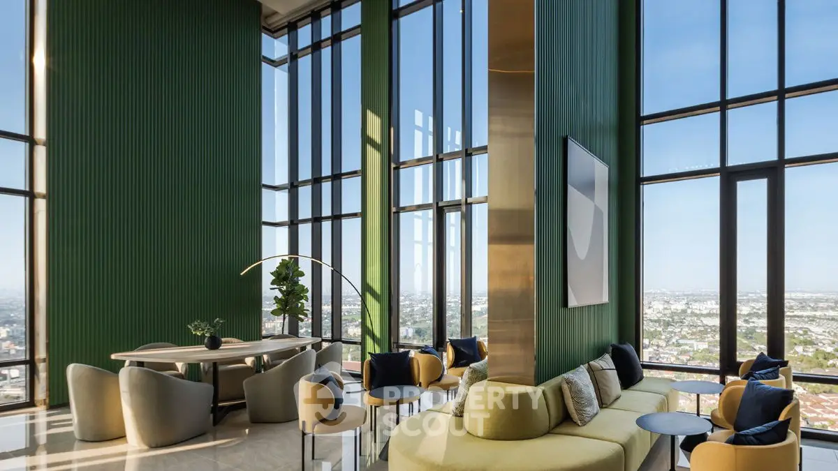 Luxurious modern living room with floor-to-ceiling windows and stunning city view.