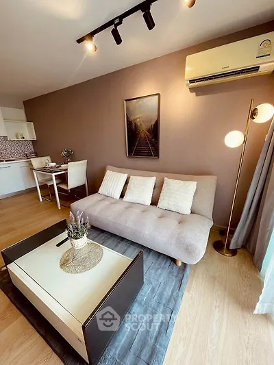 Modern living room with stylish decor and cozy seating area