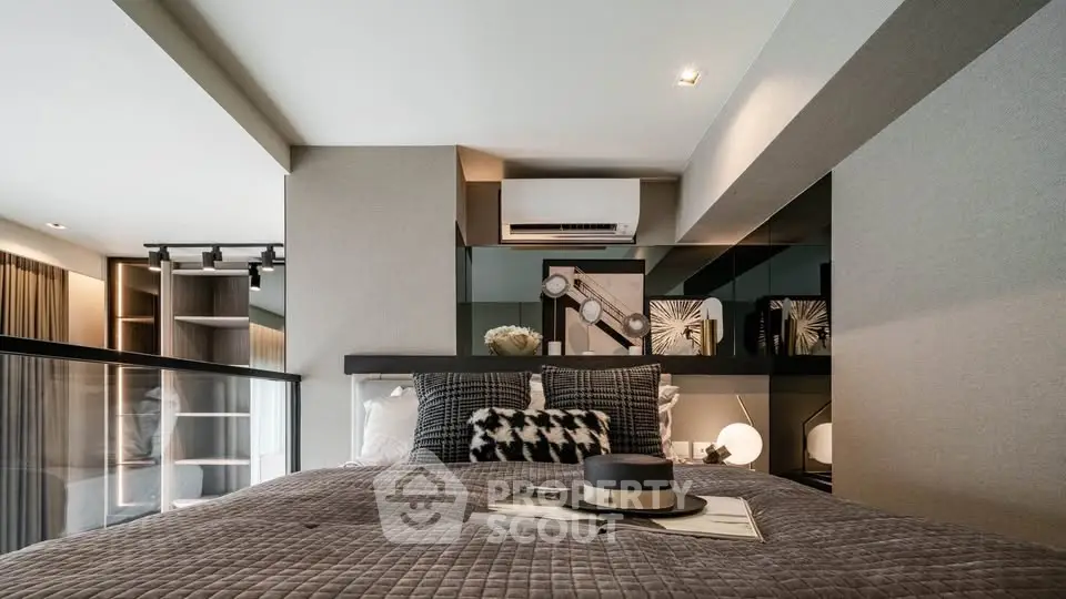 Luxurious modern bedroom with stylish decor and cozy ambiance