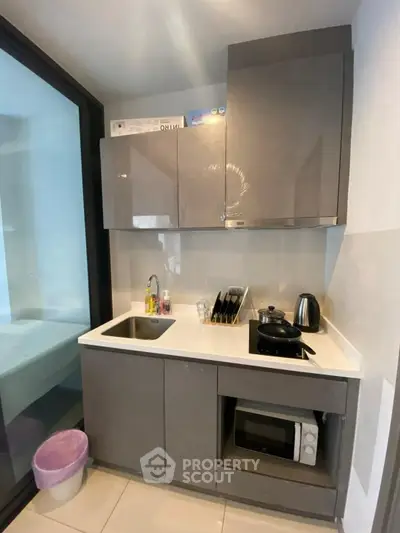 Modern compact kitchen with sleek cabinetry and appliances in a stylish apartment.