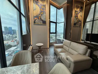 Luxurious high-rise living room with stunning city views and modern decor