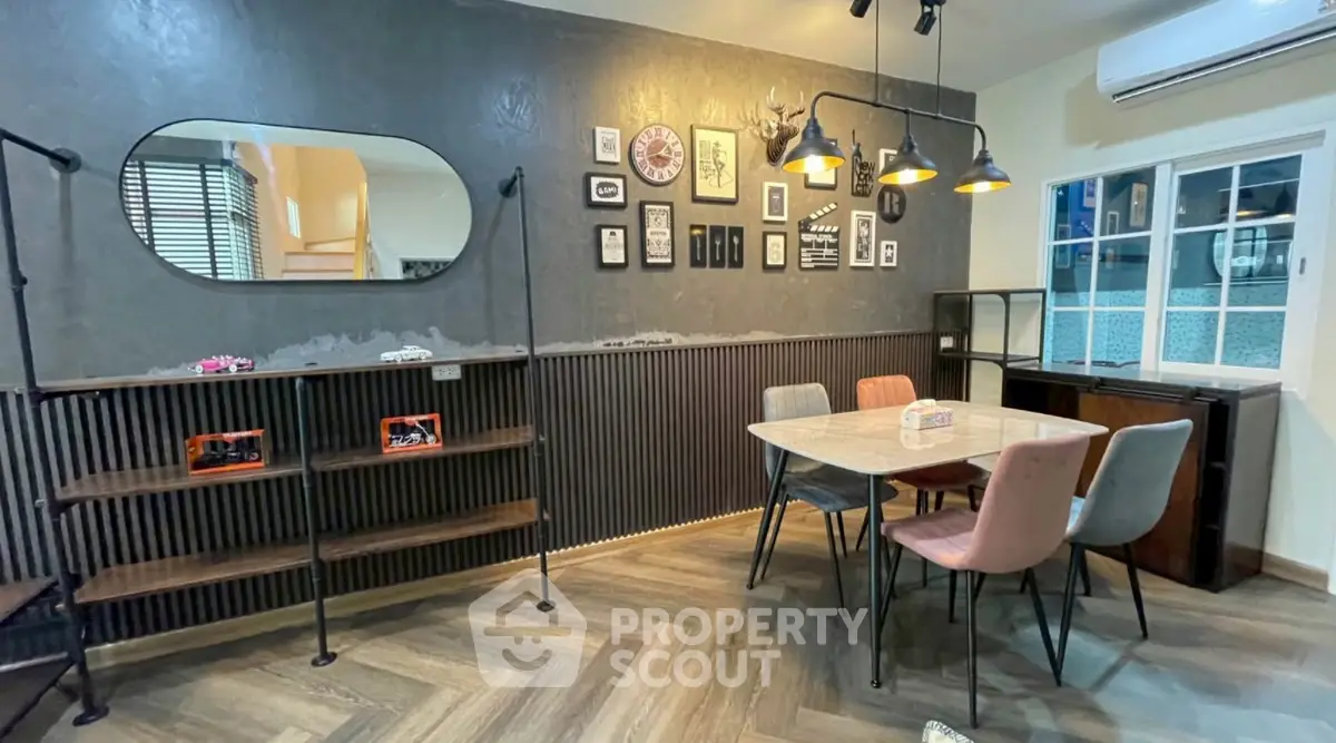 Stylish dining area with modern decor and unique lighting