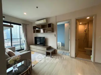 Modern living room with balcony view in a stylish apartment