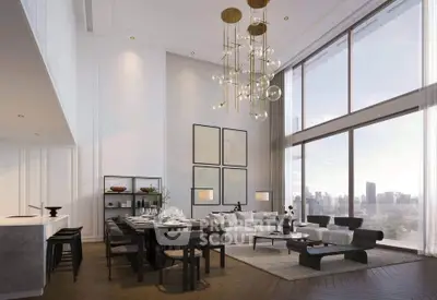 Luxurious modern living room with high ceilings and stunning city view
