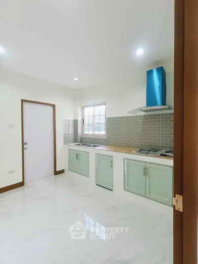 Modern kitchen with mint green cabinets and sleek tile backsplash