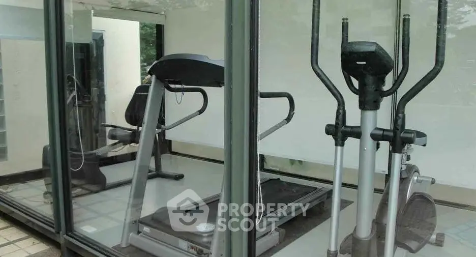 Modern gym with treadmill and elliptical in glass-walled room